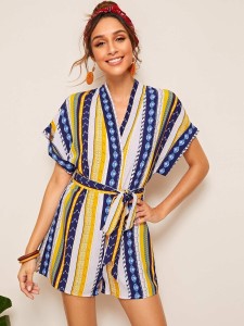 Tribal & Geo Print Cuffed Sleeve Belted Romper