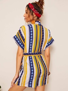 Tribal & Geo Print Cuffed Sleeve Belted Romper