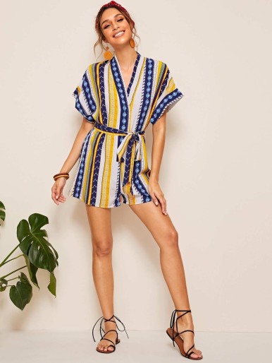 Tribal & Geo Print Cuffed Sleeve Belted Romper