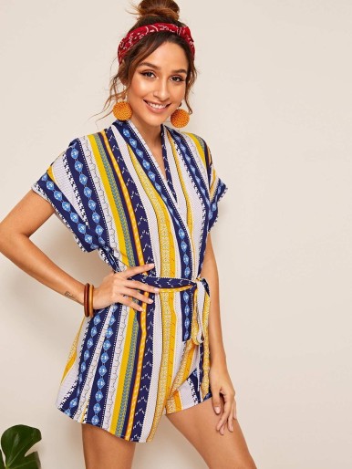 Tribal & Geo Print Cuffed Sleeve Belted Romper