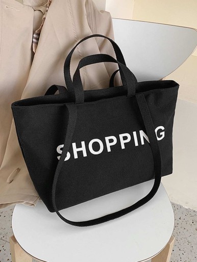 Letter Graphic Canvas Tote Bag