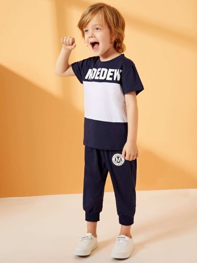 Toddler Boys Contrast Panel Letter Print Tee With Sweatpants