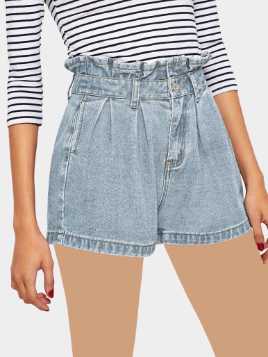 Light Wash Paperbag Waist Denim Shorts