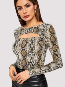 Slim Fitted Snake Print Cutout Tee