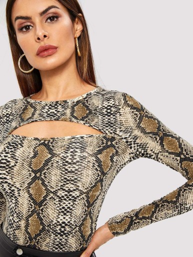 Slim Fitted Snake Print Cutout Tee