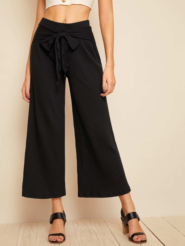 Solid Rib-knit Belted Wide Leg Pants