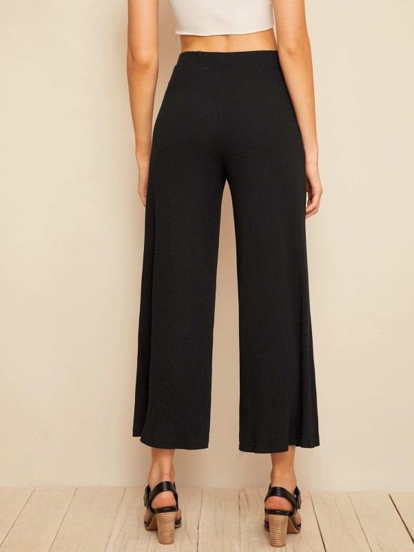 Solid Rib-knit Belted Wide Leg Pants
