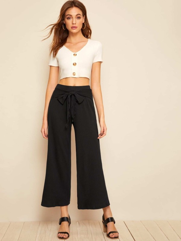 Solid Rib-knit Belted Wide Leg Pants