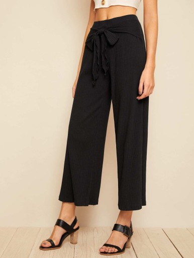 Solid Rib-knit Belted Wide Leg Pants