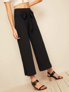 Solid Rib-knit Belted Wide Leg Pants