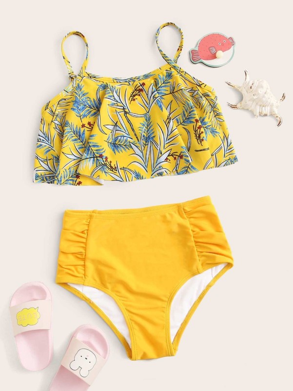 Girls Leaf Print Bikini Swimsuit