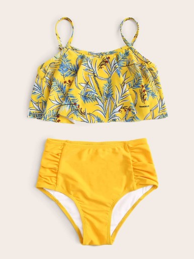 Girls Leaf Print Bikini Swimsuit