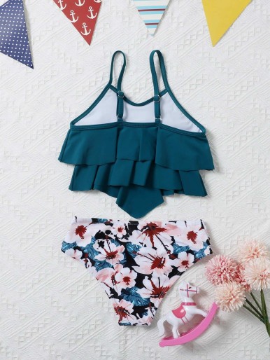 Girls Floral Hanky Hem Bikini Swimsuit