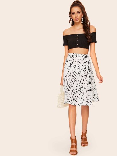 Button Front Polka Dot Skirt