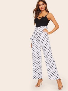 Paperbag Waist Wide Leg Polka Dot Pants