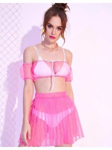 Neon Pink Sheer Mesh Bardot Top & Pleated Skirt Cover Up Set