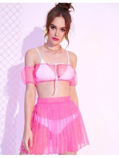 Neon Pink Sheer Mesh Bardot Top & Pleated Skirt Cover Up Set