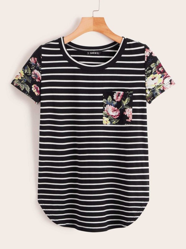 Floral Patch Pocket Curved Hem Striped Tee