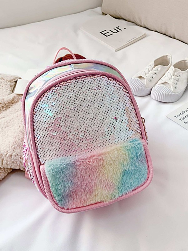 Girls Contrast Sequins Decor Fluffy Backpack