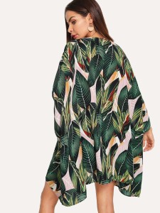 Jungle Leaf Print Batwing Sleeve Kimono