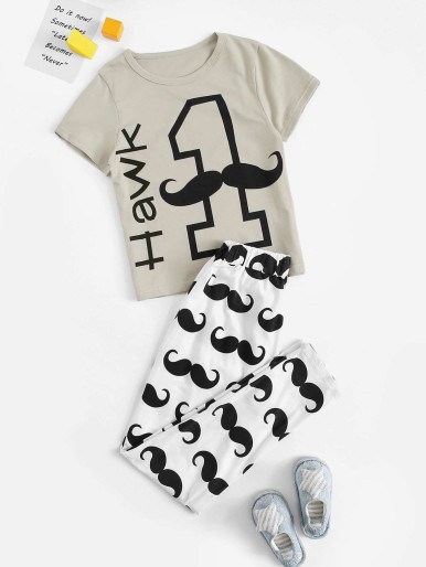 Boys Moustache & Letter Graphic Pajama Set