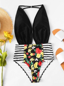 Floral & Striped High Waist One Piece Swimsuit
