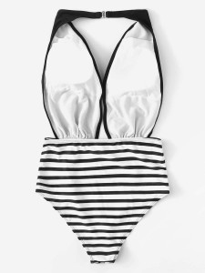 Floral & Striped High Waist One Piece Swimsuit