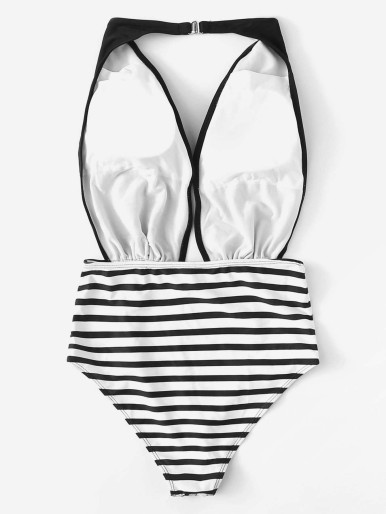 Floral & Striped High Waist One Piece Swimsuit
