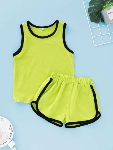 Toddler Boys Neon Green Binding Trim Tank Top With Dolphin Shorts