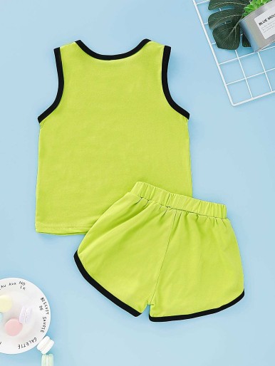 Toddler Boys Neon Green Binding Trim Tank Top With Dolphin Shorts