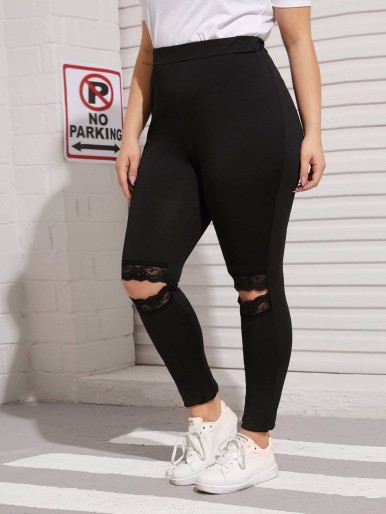 Plus Ripped Contrast Lace Solid Leggings