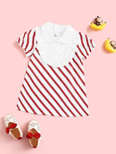 Baby Girl Button Front Frill Trim Striped Dress