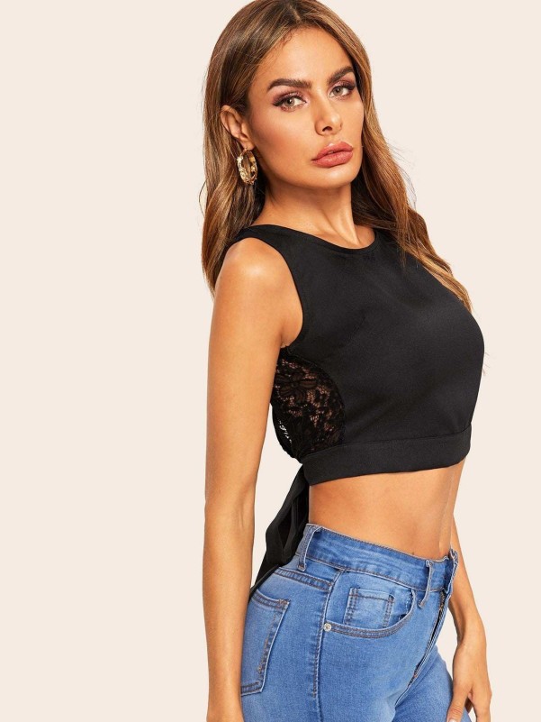 Lace Panel Tie Back Top