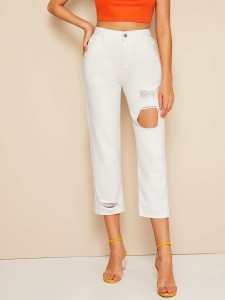 Ripped Detail Tapered Jeans