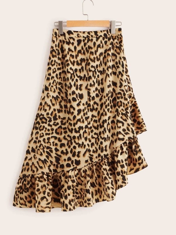 Leopard Print Asymmetrical Ruffle Hem Skirt