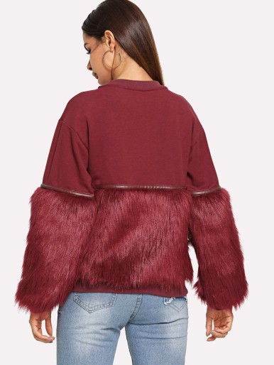 Gem Beading Faux Fur Panel Sweatshirt