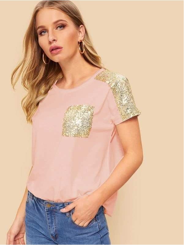 Contrast Sequins Pocket Tee