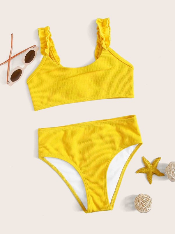 Girls Rib Frill High Waisted Bikini Swimsuit