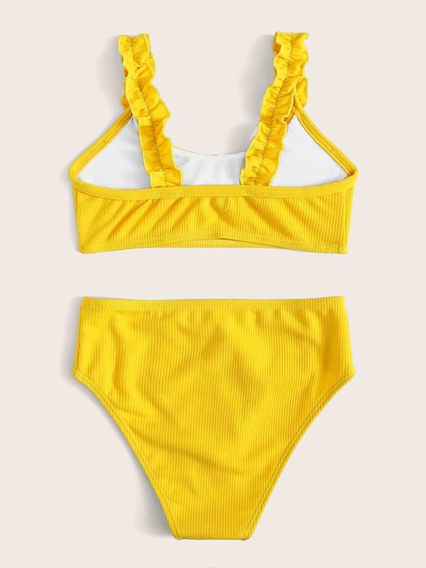 Girls Rib Frill High Waisted Bikini Swimsuit