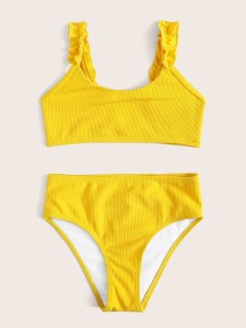 Girls Rib Frill High Waisted Bikini Swimsuit