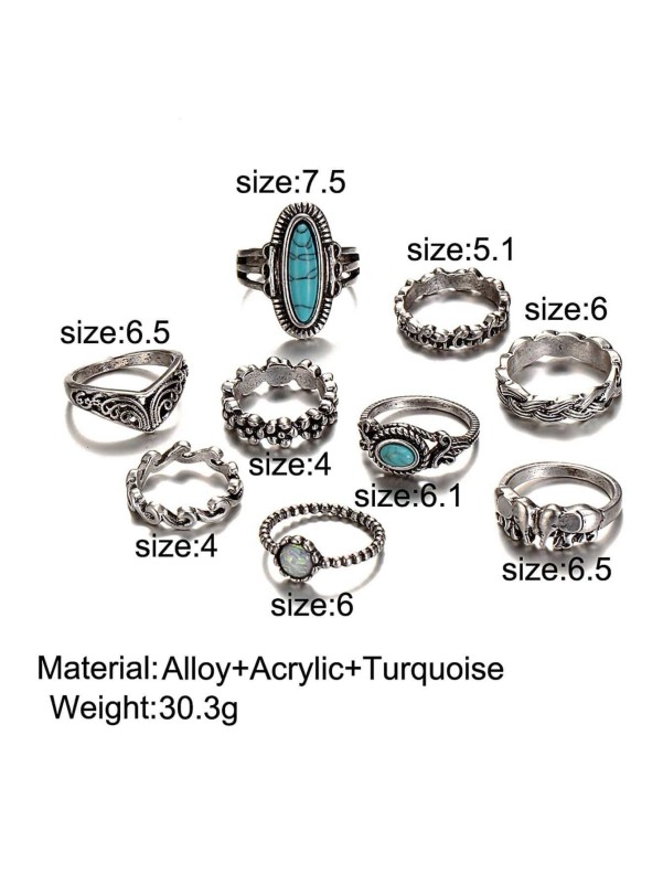 Turquoise Decorated Multi Shaped Ring Set 9pcs