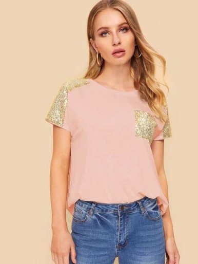 Contrast Sequins Pocket Tee