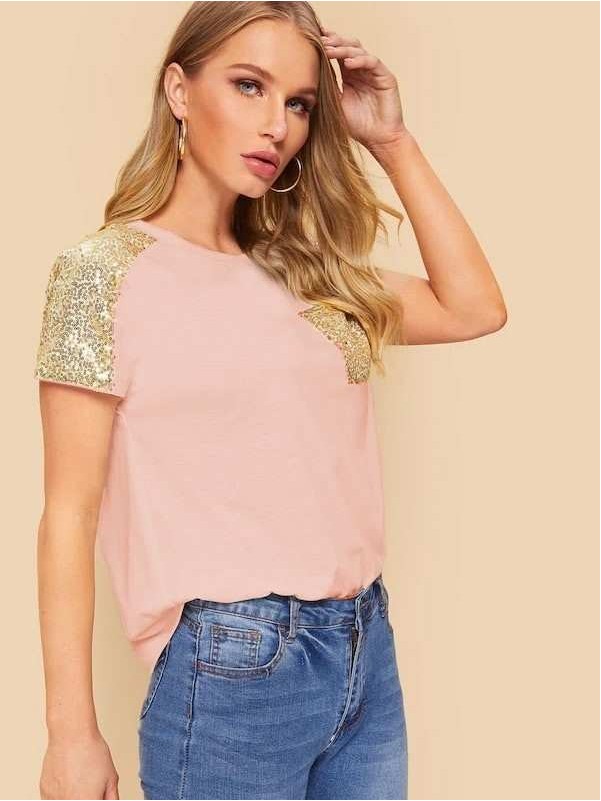 Contrast Sequins Pocket Tee