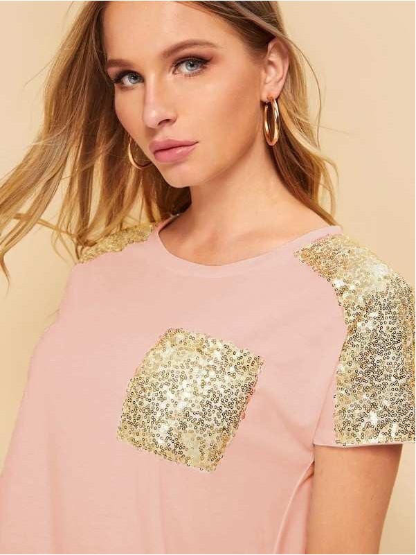 Contrast Sequins Pocket Tee