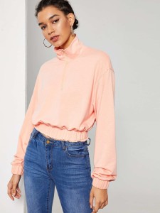 Zip Half Placket Elastic Hem & Cuff Pullover