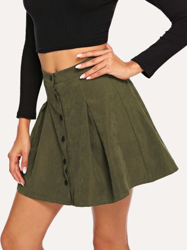 Button Up Boxed Pleated Skirt