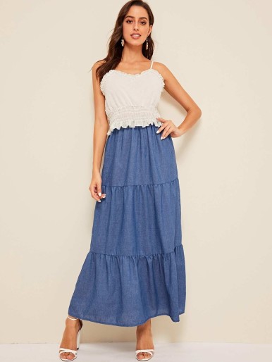 Spliced Elastic Waist Maxi Skirt