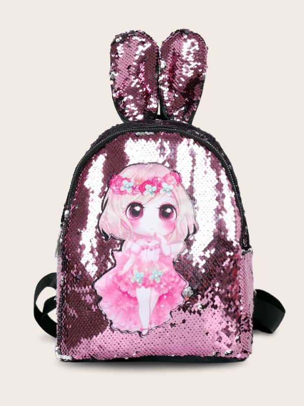 Girls Ear Decor Cartoon Graphic Sequin Backpack