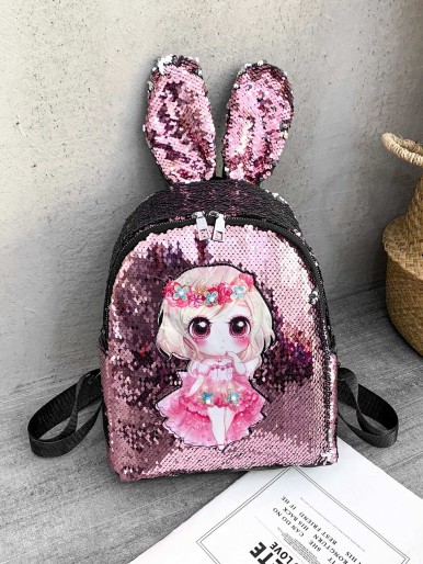 Girls Ear Decor Cartoon Graphic Sequin Backpack