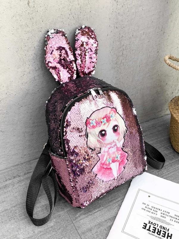 Girls Ear Decor Cartoon Graphic Sequin Backpack